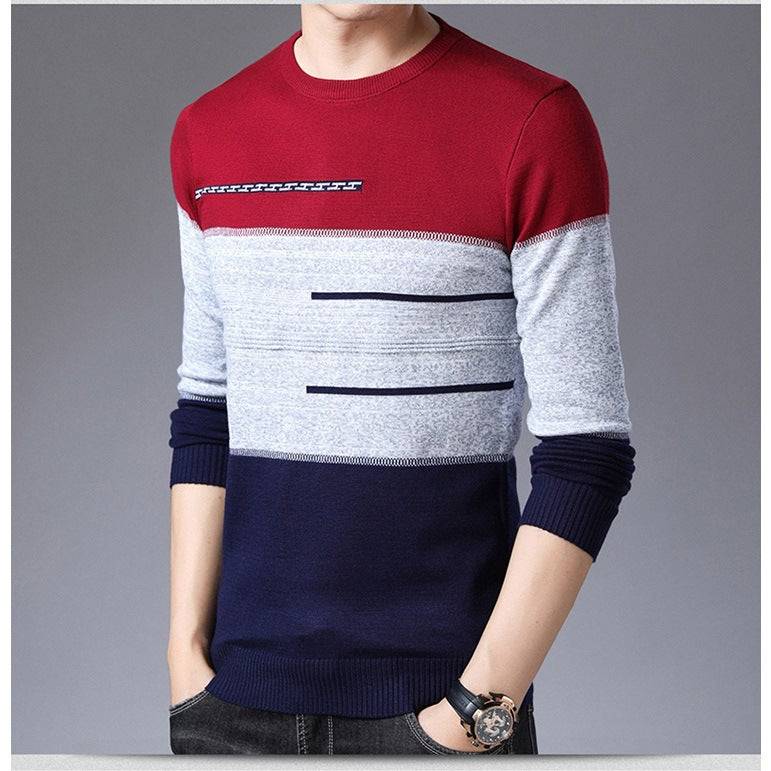 2021 Winter Pullover Men Round Collar Striped Cotton Sweaters Slim Fit Pull Homme Knitwear - Amazhona 