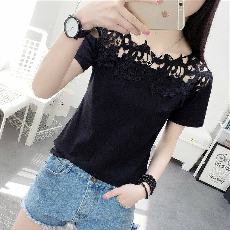 2021 spring and summer new women's t-shirt hollow hook flower temperament ladies large size short-sleeved shirt shirt clothes women - Amazhona 