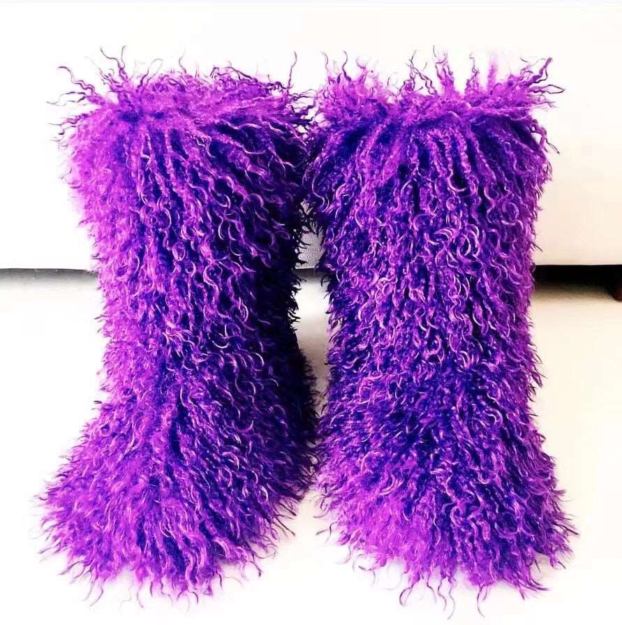 2022 Fashion Winter Lamb Skin Boots Long Hair Faux Mongolian Sheep Fur Boots Cover - Amazhona 