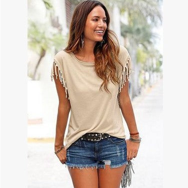 Wish quick sale  ladies Europe and America big size round neck short sleeve cuffs tassel T-shirt cotton tops - Amazhona 