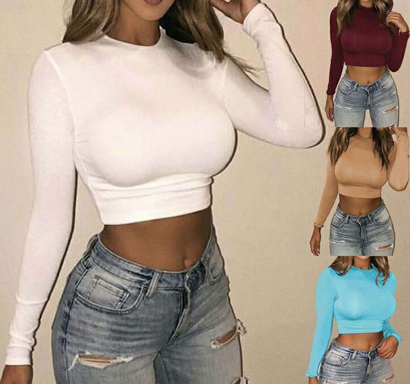 Exposed navel long-sleeved shirt bottoming shirt - Amazhona 