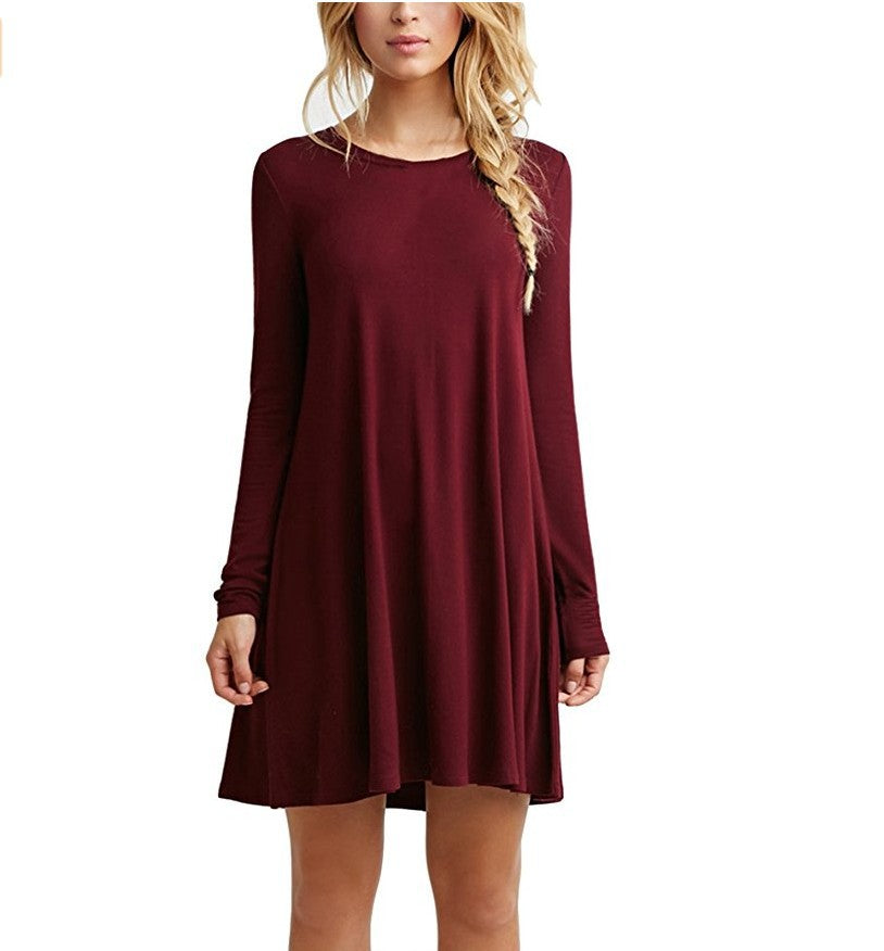 Solid color long-sleeved loose slim dress - Amazhona 