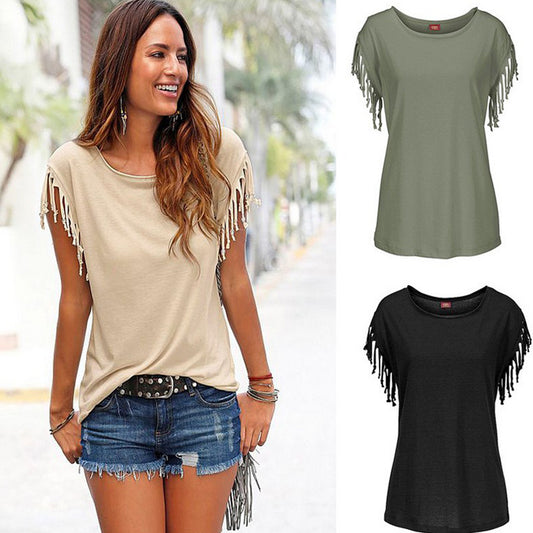 Wish quick sale  ladies Europe and America big size round neck short sleeve cuffs tassel T-shirt cotton tops - Amazhona 