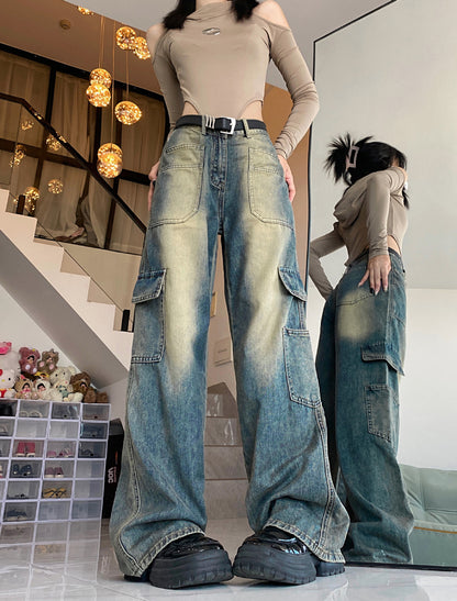 American Workwear Pocket Wide Leg Denim Straight-leg Pants Women