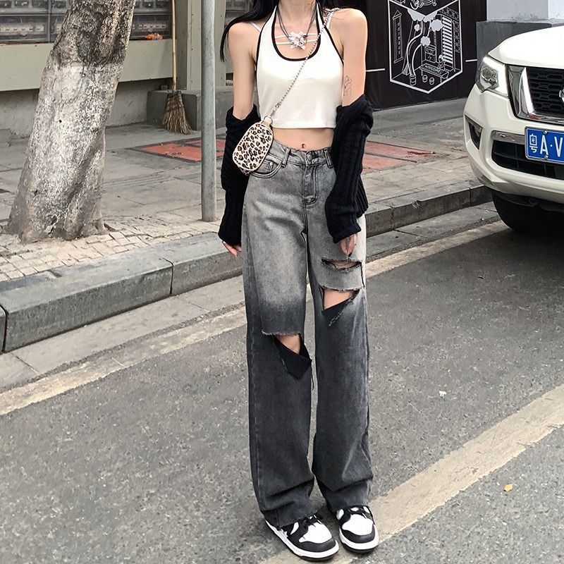 Women's Fashionable All-match Gradient Ripped Jeans