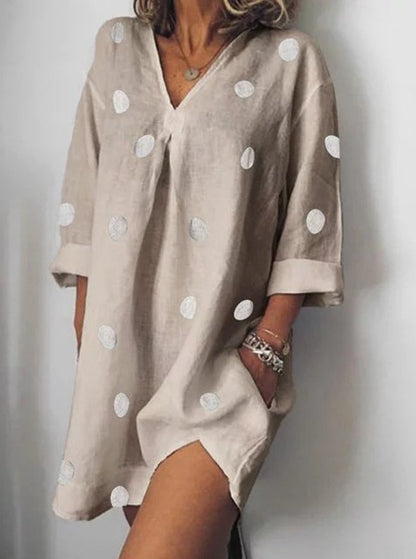 Wish fast sell 2021 spring and summer linen loose V-neck print nine-point sleeve split dress 1956