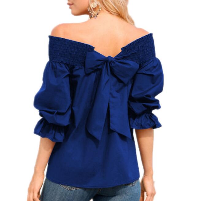 Off Shoulder Tops Spring Summer Strapless Women Blouse Bowknot Slash Neck Shirts Casual Loose Blusas Plus Size - Amazhona 