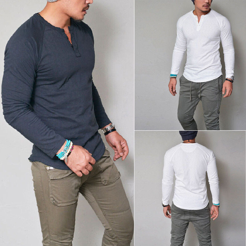 Autumn and winter round neck solid color button long-sleeved t-shirt men's t-shirt - Amazhona 