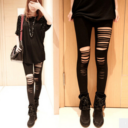 Autumn Knee Asymmetrical Hole Cotton Ripped Leggings Female Ankle Pants Anti-pilling - Amazhona 