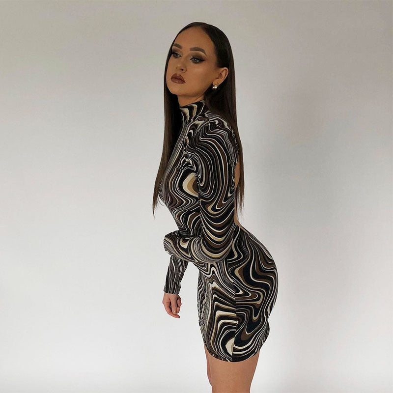 Water Ripple Half High Neck Long Sleeve Dress - Amazhona 