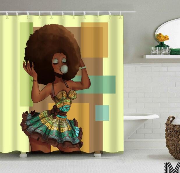 Diseño de arte Graffiti arte Hip Hop chica africana con pelo negro gran pendiente con cortina de ducha de edificio moderno para la decoración del baño