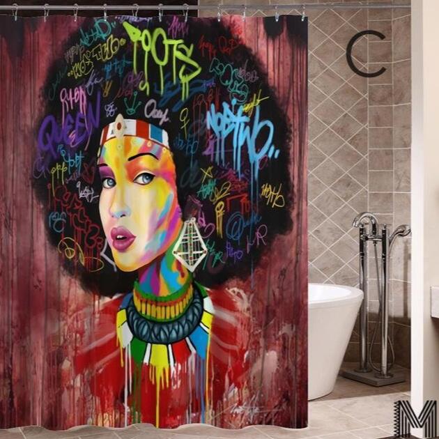 Diseño de arte Graffiti arte Hip Hop chica africana con pelo negro gran pendiente con cortina de ducha de edificio moderno para la decoración del baño