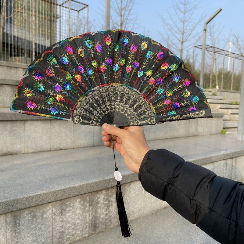 Peacock Feather Folding Fan Embroidery Black Rod - Amazhona 