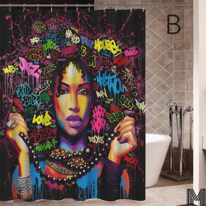 Diseño de arte Graffiti arte Hip Hop chica africana con pelo negro gran pendiente con cortina de ducha de edificio moderno para la decoración del baño