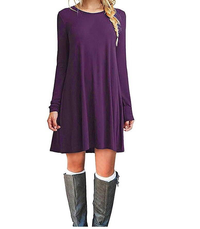 Solid color long-sleeved loose slim dress - Amazhona 