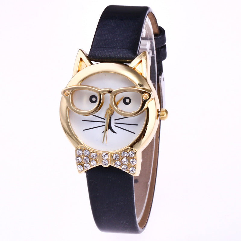 Light board mechanical cat glasses watch cat face small belt children watch cartoon student watch - Amazhona 