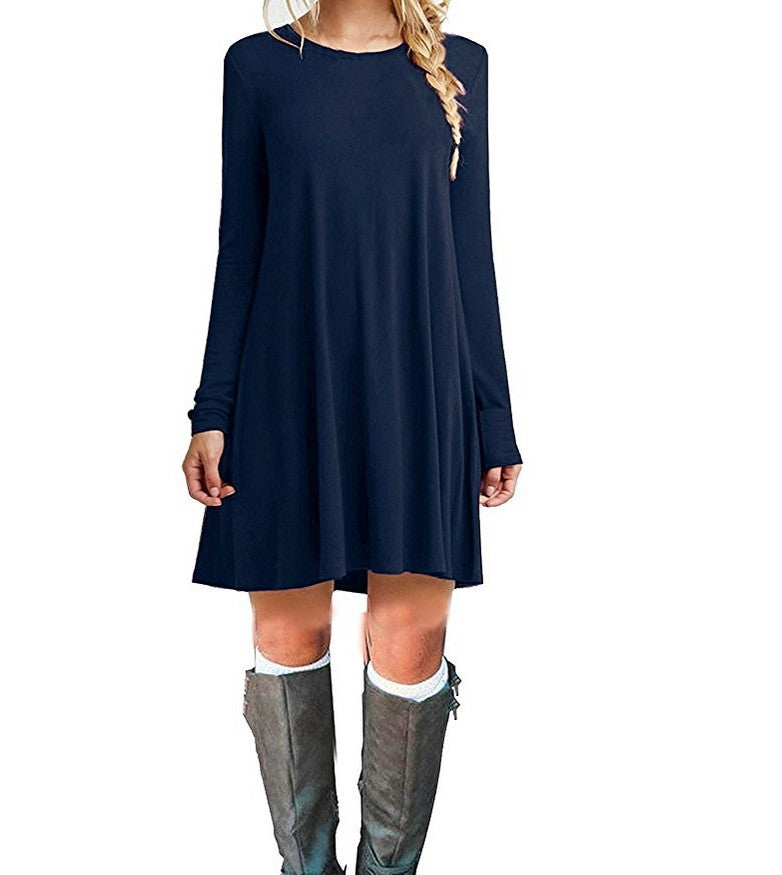 Solid color long-sleeved loose slim dress - Amazhona 