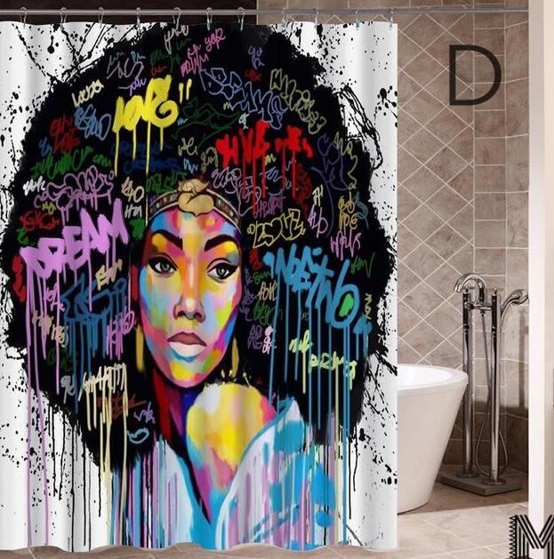 Diseño de arte Graffiti arte Hip Hop chica africana con pelo negro gran pendiente con cortina de ducha de edificio moderno para la decoración del baño