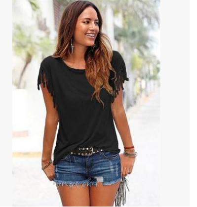 Wish quick sale  ladies Europe and America big size round neck short sleeve cuffs tassel T-shirt cotton tops - Amazhona 