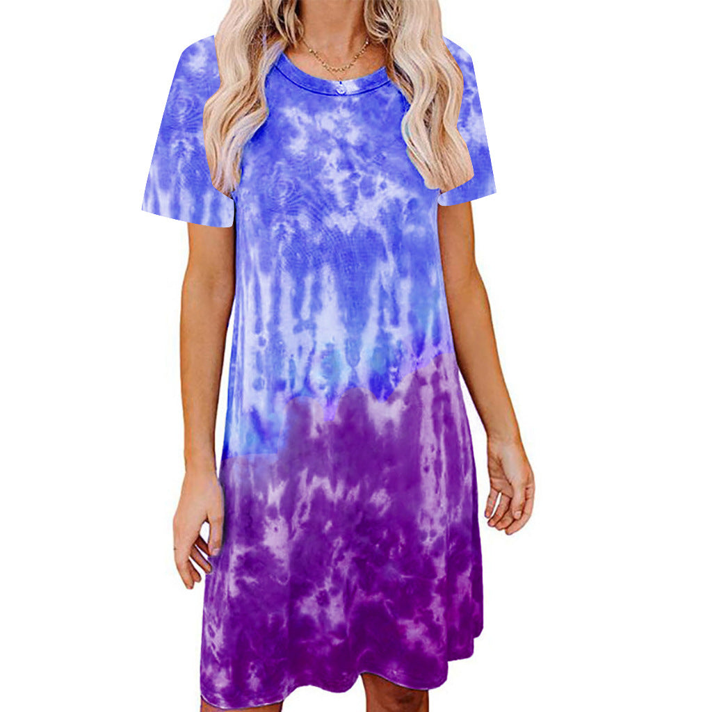 Tie-dye Printed Loose Short-sleeved Dress Women - Amazhona 