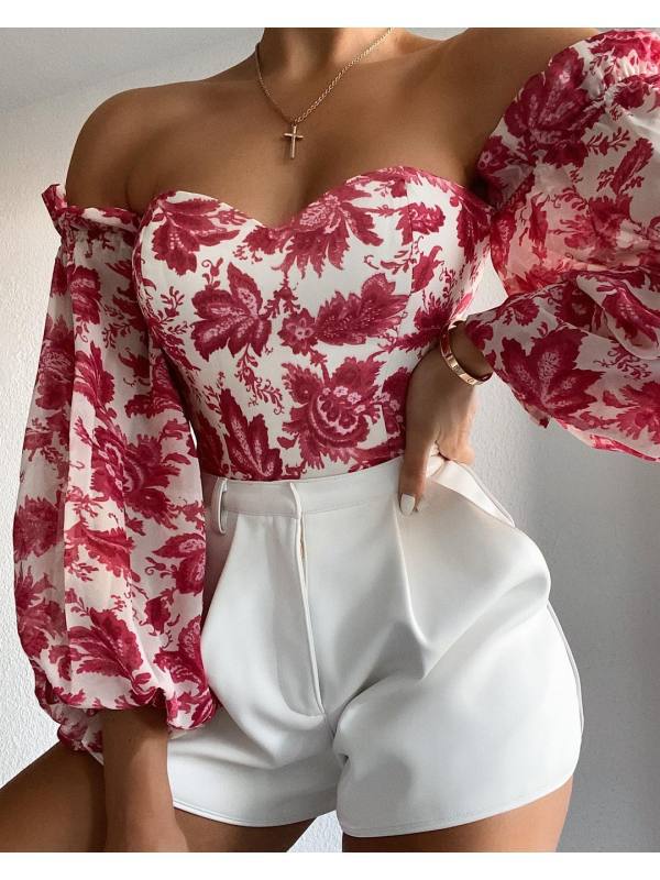 Sexy Off-shoulder Wrapped Chest Printed Lantern Sleeve Chiffon Shirt Blouse - Amazhona 