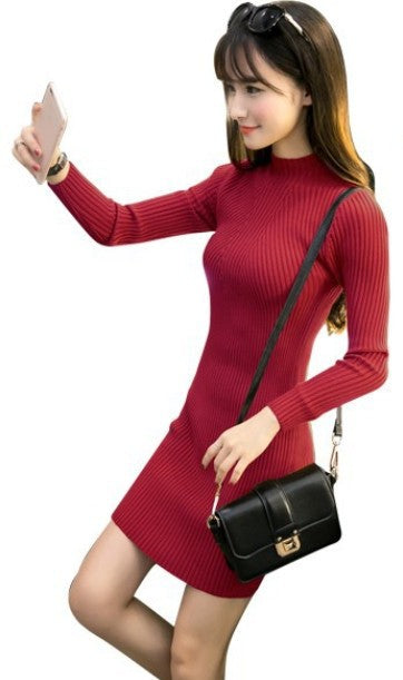 Fashion half high neck hip wrap knit dress - Amazhona 