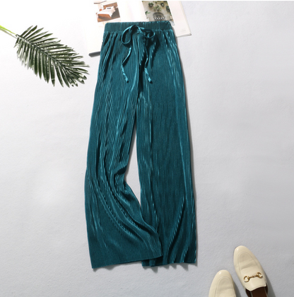 Pleated wide-leg pants trousers high waist vertical spring and summer new loose casual pants chiffon trousers ice silk nine points pants - Amazhona 