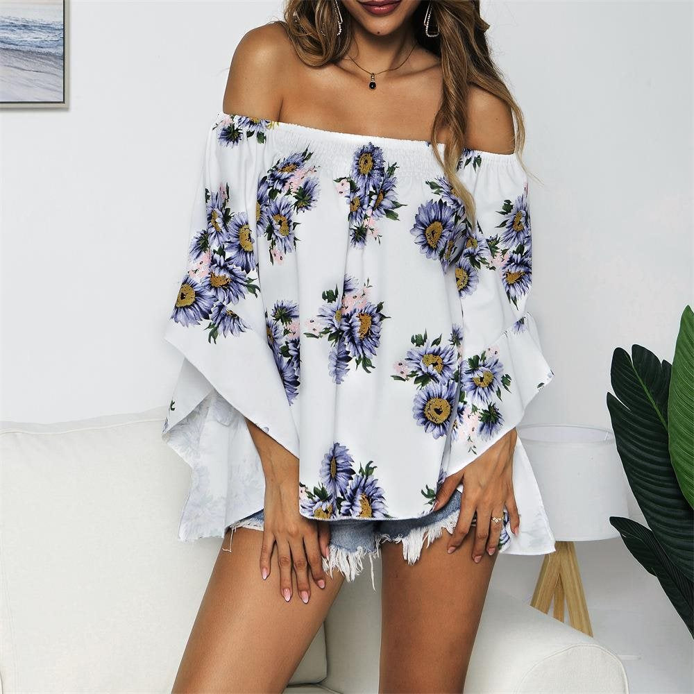 Off shoulder trumpet Sleeve Chiffon shirt - Amazhona 