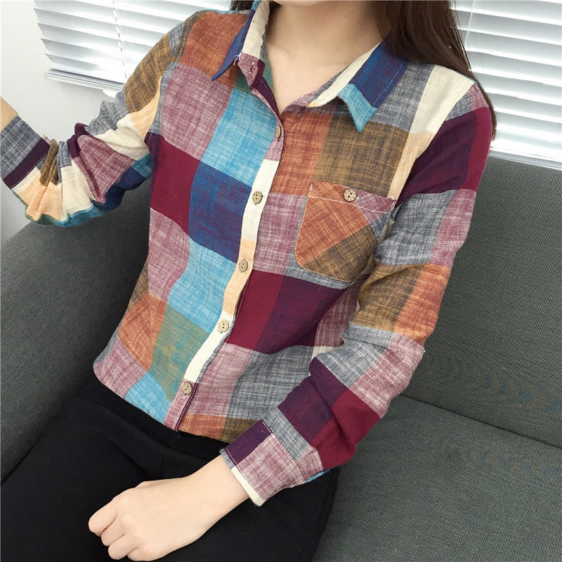 asual Plaid Women Blouses Kimono Vintage Linen Cotton Long Sleeve Blouse Female Shirts Tops - Amazhona 