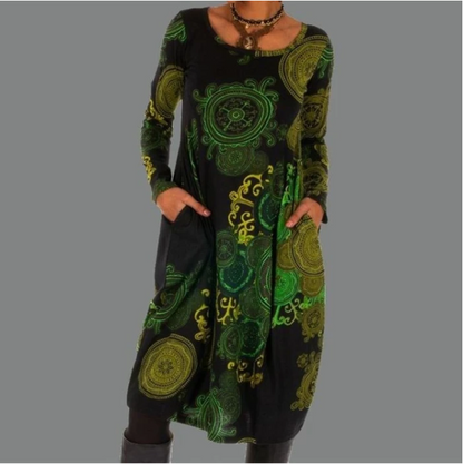 Casual Loose Printed Dress Round Neck Long Sleeves - Amazhona 