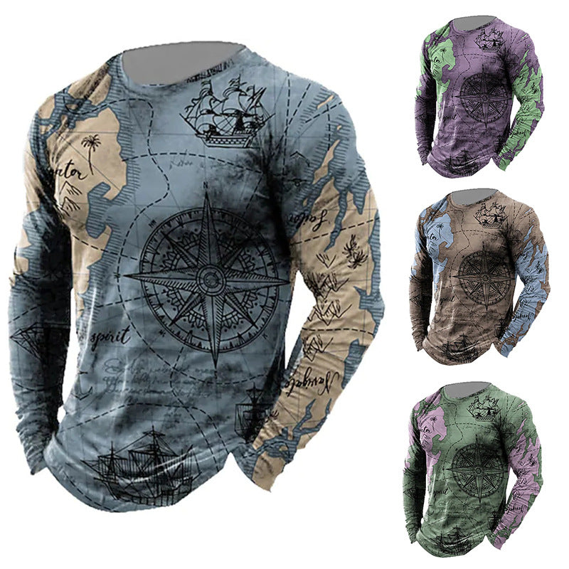 Men's Nautical Compass Pattern Crewneck Long Sleeve T-shirt Loose Sailing Enthusiast Long T - Amazhona 