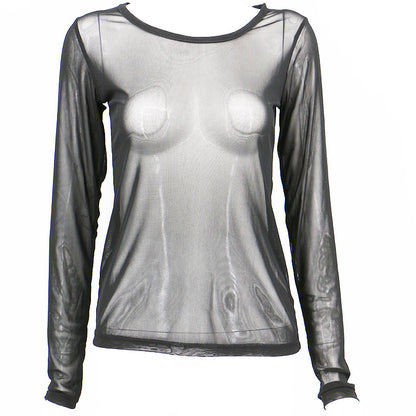 Black transparent mesh bottoming shirt - Amazhona 