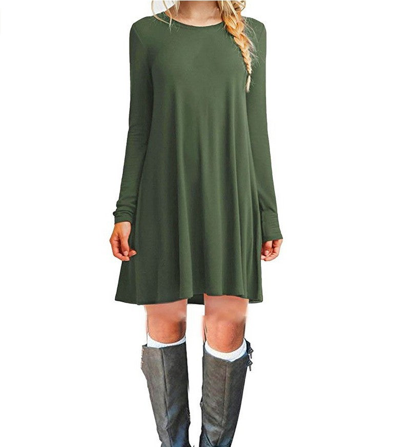 Solid color long-sleeved loose slim dress - Amazhona 