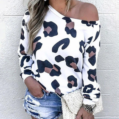 Fashion Leopard Print Sexy Long Sleeve Off Shoulder Top T Shirt - Amazhona 