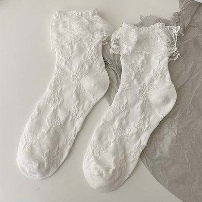 White Lolita Lace Socks Women's Mid Tube Cotton - Amazhona 