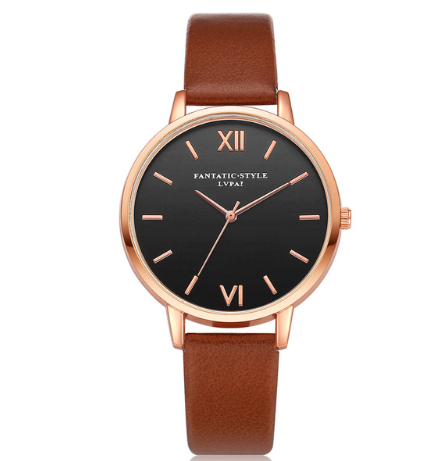 PU leather strap rose gold fashion casual fashion watch ladies black dial watch female models - Amazhona 