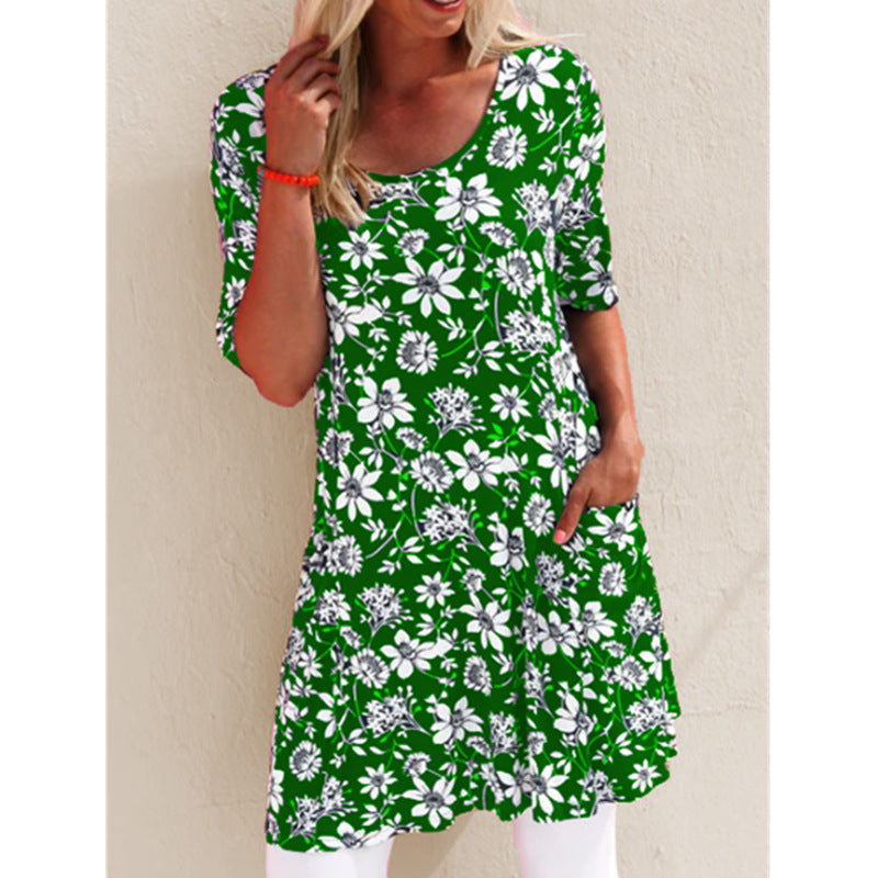 Summer Fashion Printed Loose Short Sleeve Pocket Dress Floral Dress - Amazhona 