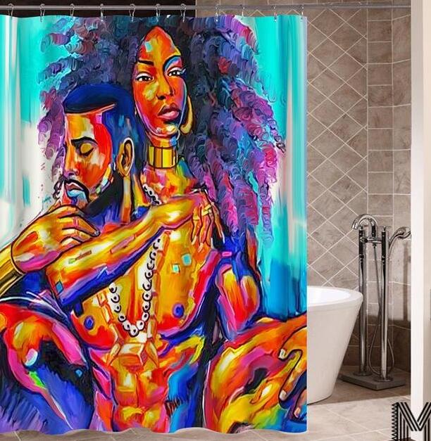 Diseño de arte Graffiti arte Hip Hop chica africana con pelo negro gran pendiente con cortina de ducha de edificio moderno para la decoración del baño