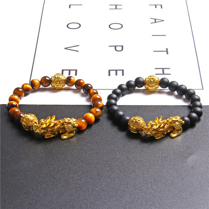 Tiger eye stone elastic brave gold plated ball bracelet - Amazhona 