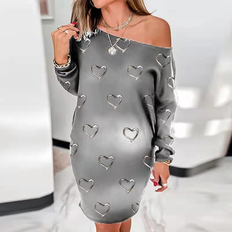 Printed Round Neck Long Sleeve Loose Dress - Amazhona 