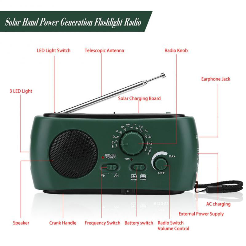 AM FM Solar LED Flashlight Hand Crank Rechargeable Radio - Amazhona 