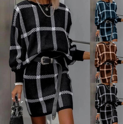 Large Plaid Pullover Long Sleeve Woolen Skirt Suit Two-piece Set - Amazhona 