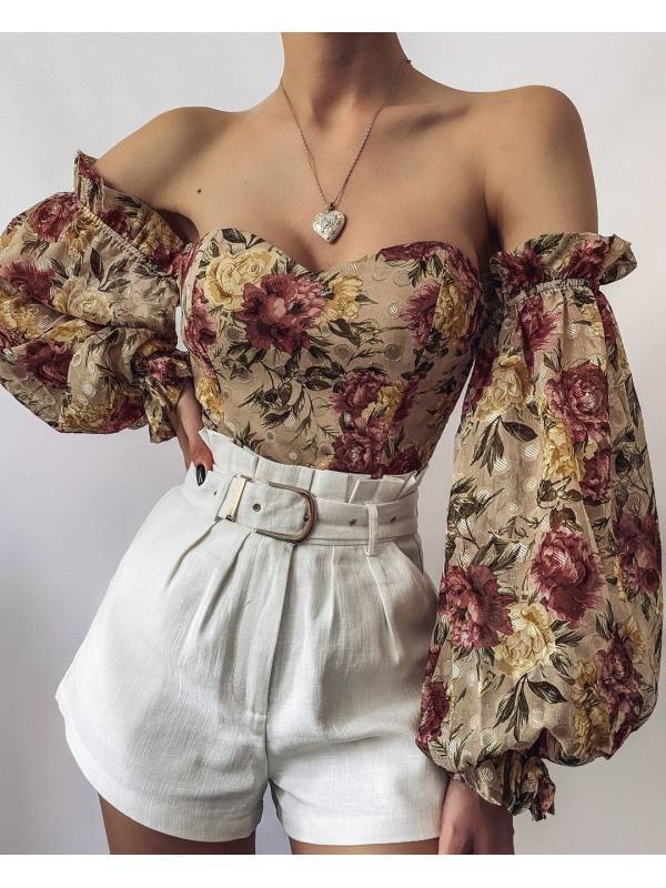 Sexy Off-shoulder Wrapped Chest Printed Lantern Sleeve Chiffon Shirt Blouse - Amazhona 