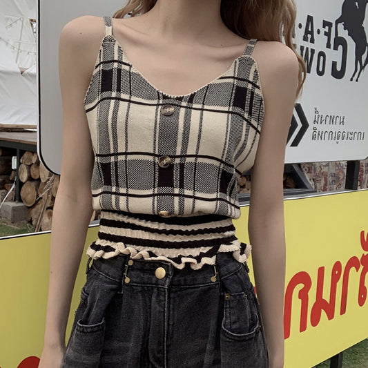 Thin Sleeveless Sleeveless Inner Top Plaid Base Shirt - Amazhona 