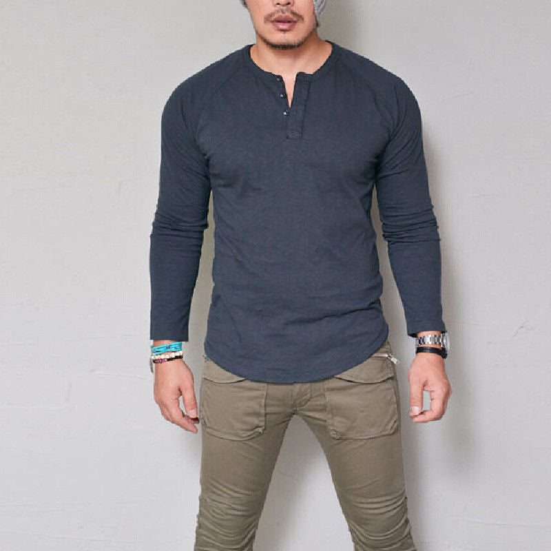 Autumn and winter round neck solid color button long-sleeved t-shirt men's t-shirt - Amazhona 