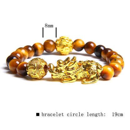 Tiger eye stone elastic brave gold plated ball bracelet - Amazhona 