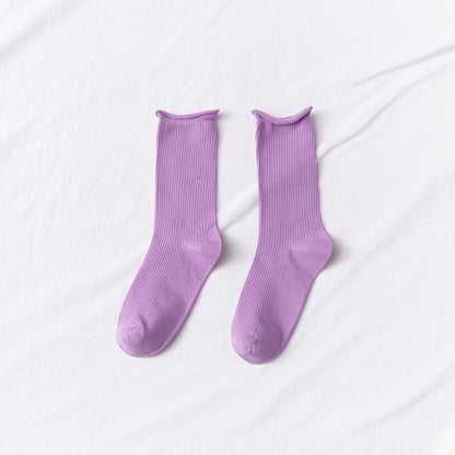 Women's Mid-tube Socks Thin Candy Color Rolled Edge Cotton - Amazhona 