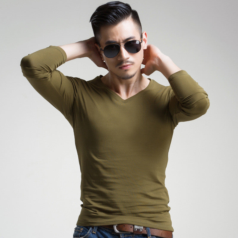 Men's Slim V-neck Bottoming Shirt Solid Color T-shirt - Amazhona 