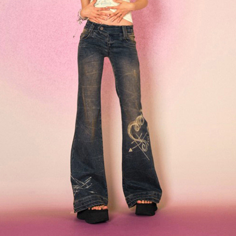 American-style Distressed Washed Printed Skinny Jeans