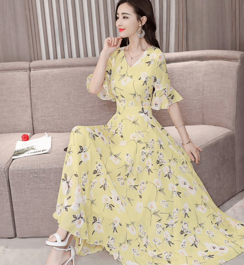 2021 new large size short-sleeved holiday dress female summer loose slim green flower fashion temperament long skirt - Amazhona 